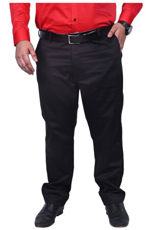 Men's plus size cotton stretch flat front black color trousers with side pockets.