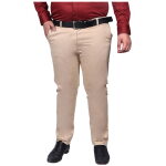 Men's plus size cotton stretch flat front beige color trousers with side pockets.