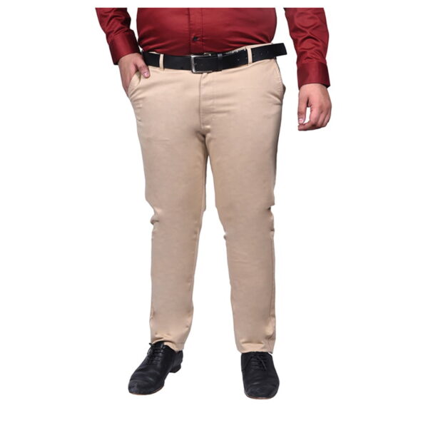 Men's plus size cotton stretch flat front beige color trousers with side pockets.
