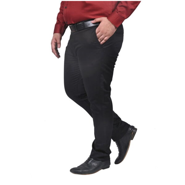Men's plus size cotton stretch flat front black color trousers with side pockets.