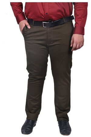 Men's plus size cotton stretch flat front brown color trousers with side pockets.