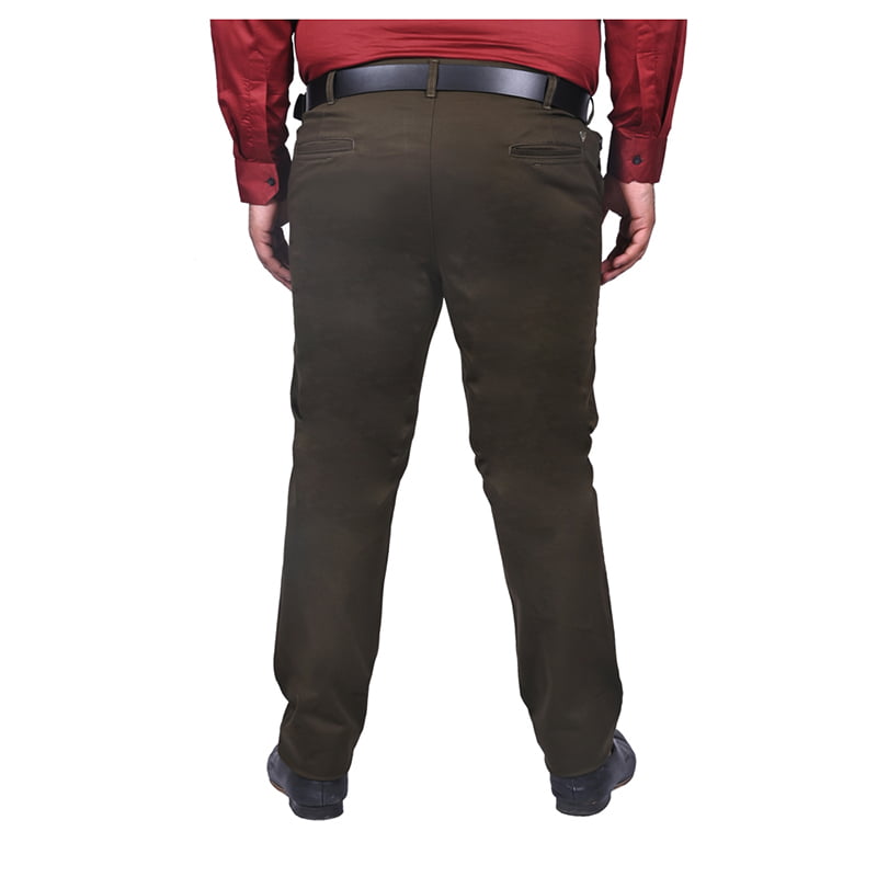 Men's plus size cotton stretch flat front brown color trousers with side pockets.