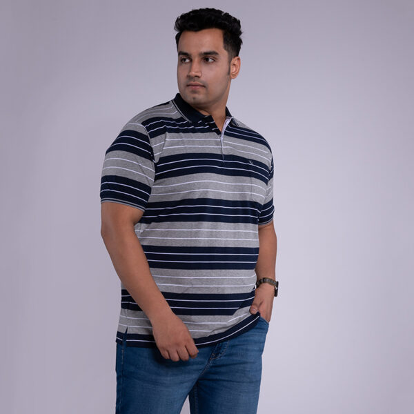 Plus Size Men's All Over Striped Grey Mélange Polo T-shirt
