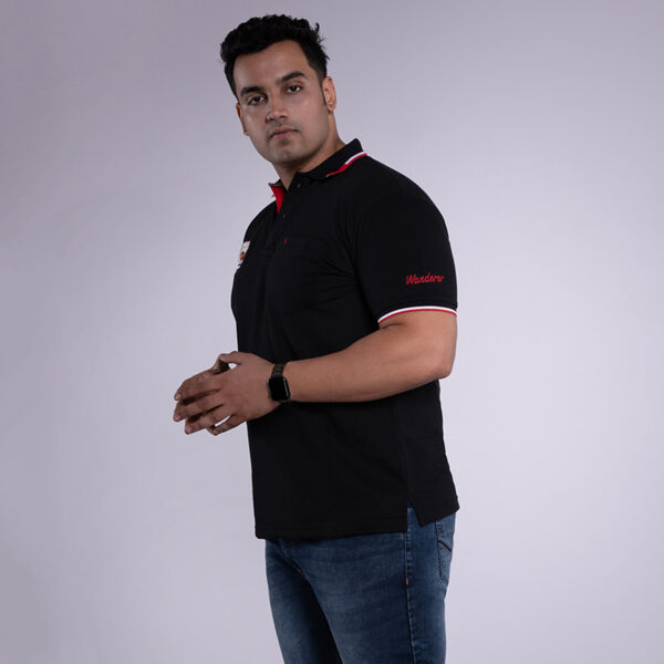 Men's Plus Size solid with Explore Batch Polo Collar Black T-shirt