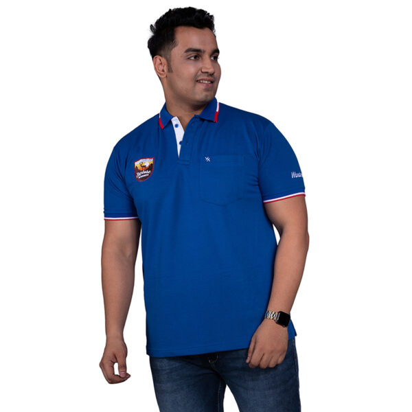 Men's Plus Size solid with Explore Batch Polo Collar Royal Blue T-shirt