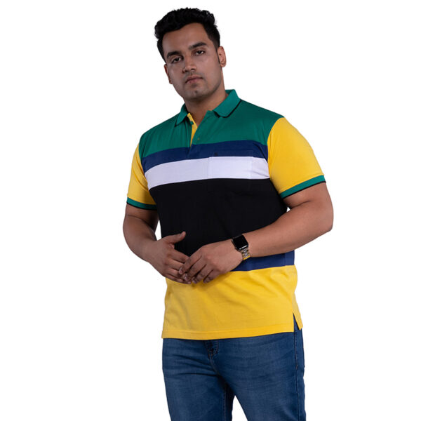 Plus Size Men's Color Block Striped Polo Collar Green T-shirt