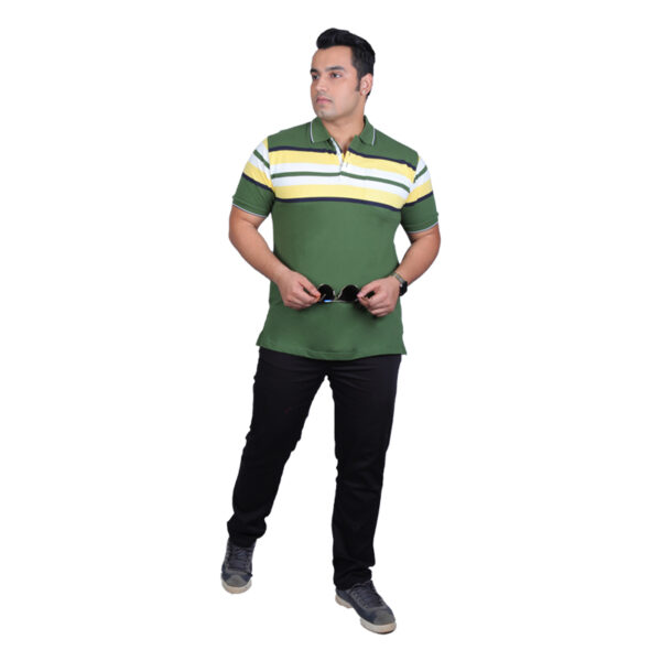 Men's Cotton Half Sleeve Striped Polo Green T-Shirt Collar