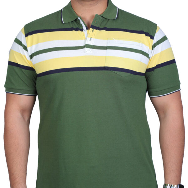 Men's Cotton Half Sleeve Striped Polo Green T-Shirt Collar