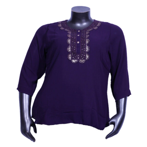 Women's Plus Size 3/4th Sleeve Embroidered Lace Georgette Purple R-Neck Top