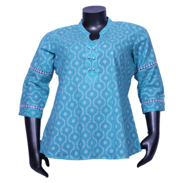Plus Size Women's Printed 3/4th Sleeve Lace Y-Neck Sky Blue Cotton Top