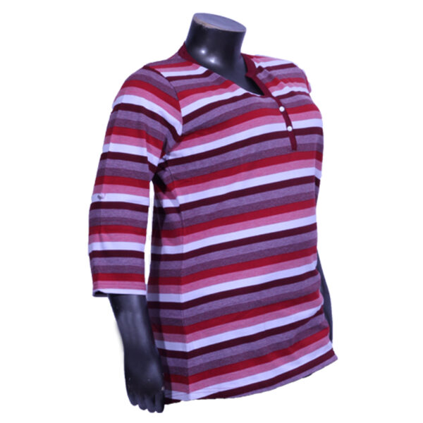 Plus Size All Over Stripe 3/4th Roll Up Sleeve Y-Neck Red T-Shirt for Women