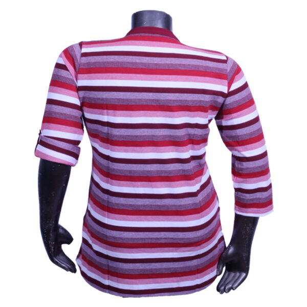 Plus Size All Over Stripe 3/4th Roll Up Sleeve Y-Neck Red T-Shirt for Women