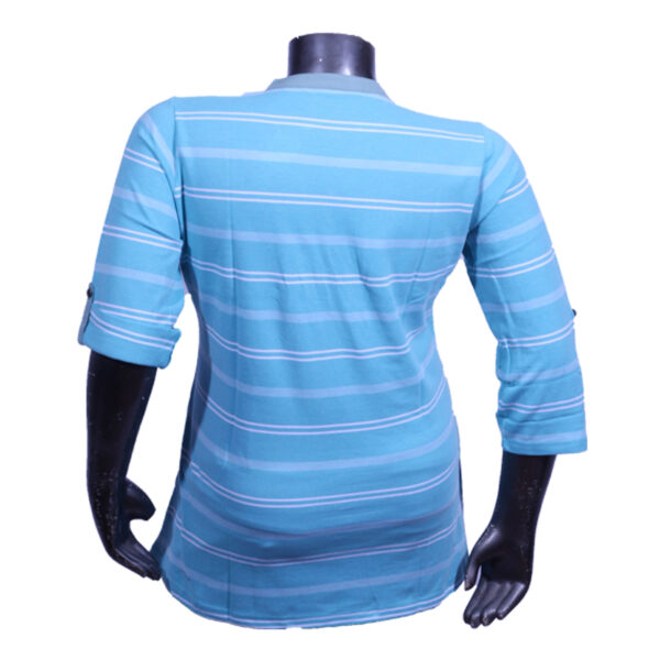 Plus Size All Over Stripe 3/4th Roll Up Sleeve Y-Neck Sky Blue T-Shirt for Women