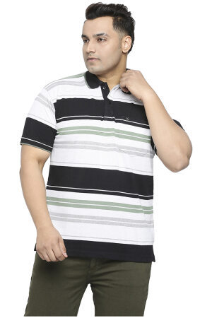 Plus Size Men's Black & White Striped Polo T-shirt