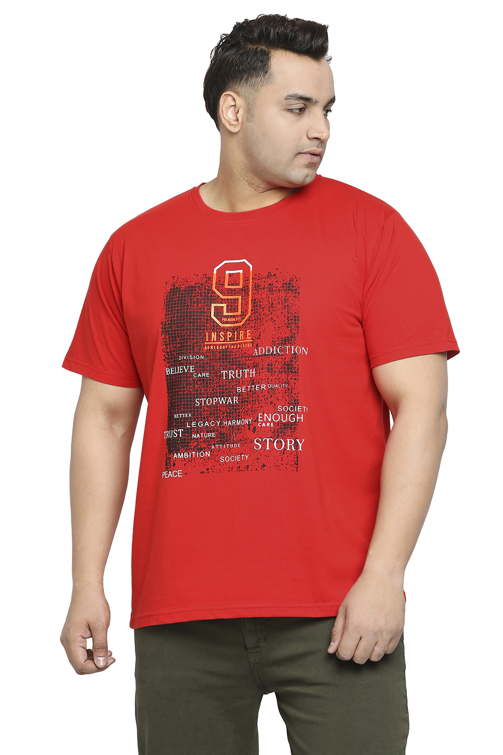 Plus Size Men's Round Neck 9 Inspire Printed Red T-shirt