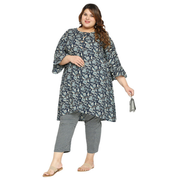 Flaunt your Style Asymmetric Navy Cotton Co-Ord Set Kurti for Fashionable and Unique Outfits.