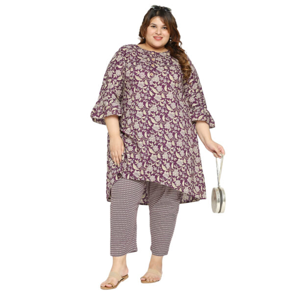 Flaunt your Style Asymmetric Purple Cotton Co-Ord Set Kurti for Fashionable and Unique Outfits.