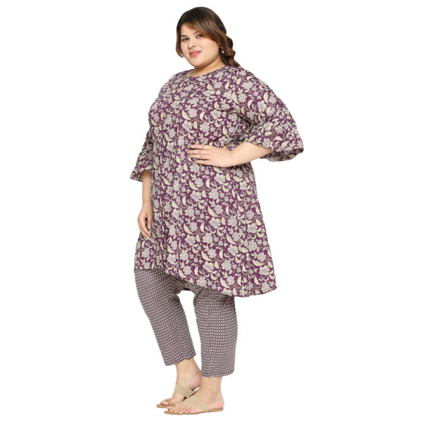 Flaunt your Style Asymmetric Purple Cotton Co-Ord Set Kurti for Fashionable and Unique Outfits.