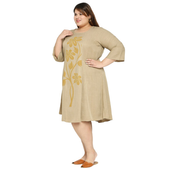 Stylish Khaki Blooms Plus Size Knee Length Dress