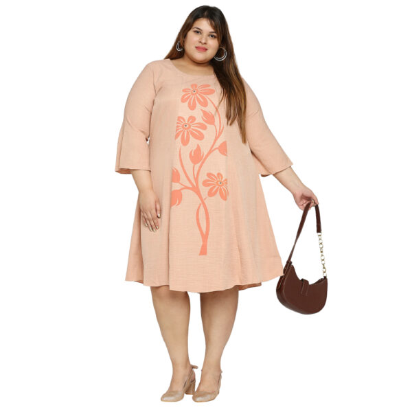 Stylish Peach Blooms Plus Size Knee Length Dress