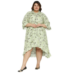 Plus Size Asymmetric Printed A Line Green Dress for a Trendy Look.