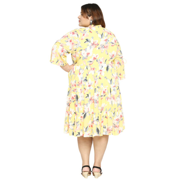 Floral Elegance Printed Yellow Shirt-Style Maxi Dress with Ruffles for a Feminine Look.