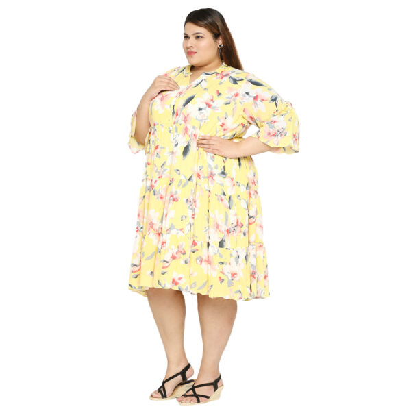 Floral Elegance Printed Yellow Shirt-Style Maxi Dress with Ruffles for a Feminine Look.