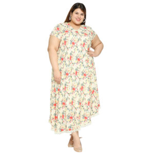 Women's free size printed light cream floral ankle length dress