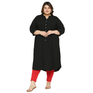 Fashionable button-down Black Kurti with roll-up sleeves in comfortable plus size polyester fabric.