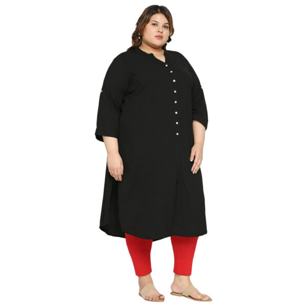 Fashionable button-down Black Kurti with roll-up sleeves in comfortable plus size polyester fabric.