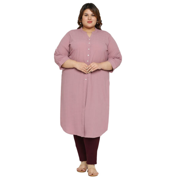 Fashionable button-down Pink Kurti with roll-up sleeves in comfortable plus size polyester fabric.