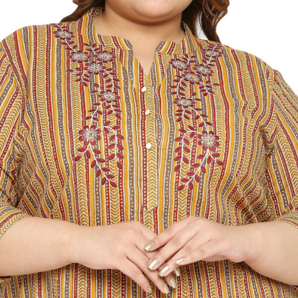 Plus Size Ethnic Cotton Neck Embroidery Work Straight Mustard Kurtis Fusion of Tradition and Modernity