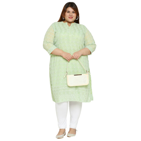 Plus Size Chikankari Embroidery Georgette Straight Green Kurta for Fashionable Curves