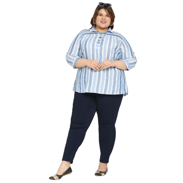 Trendy plus-size Sky Blue top with a shimmering lurex silver stripes.