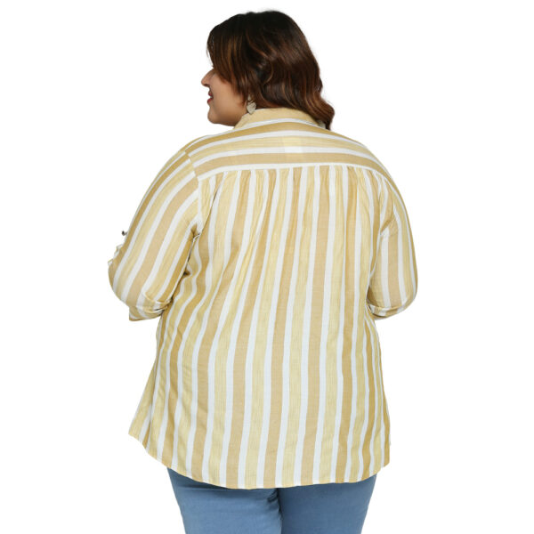 Trendy plus-size Yellow top with a shimmering lurex silver stripes.