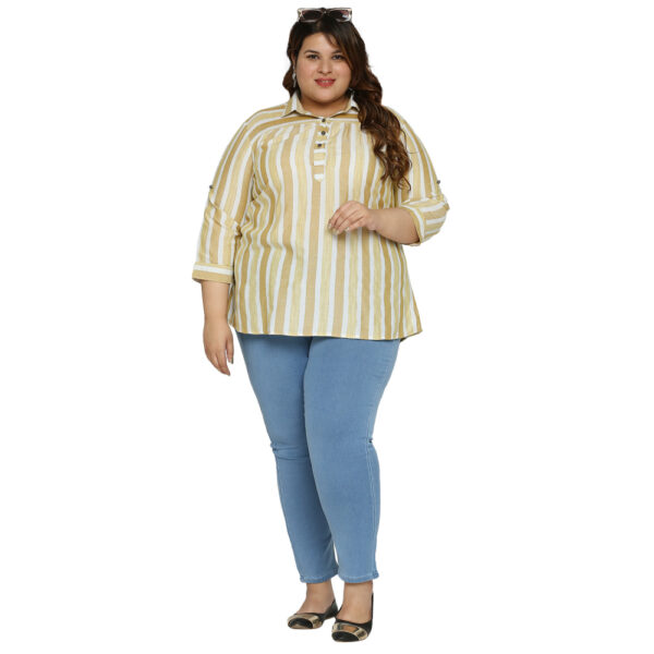 Trendy plus-size Yellow top with a shimmering lurex silver stripes.