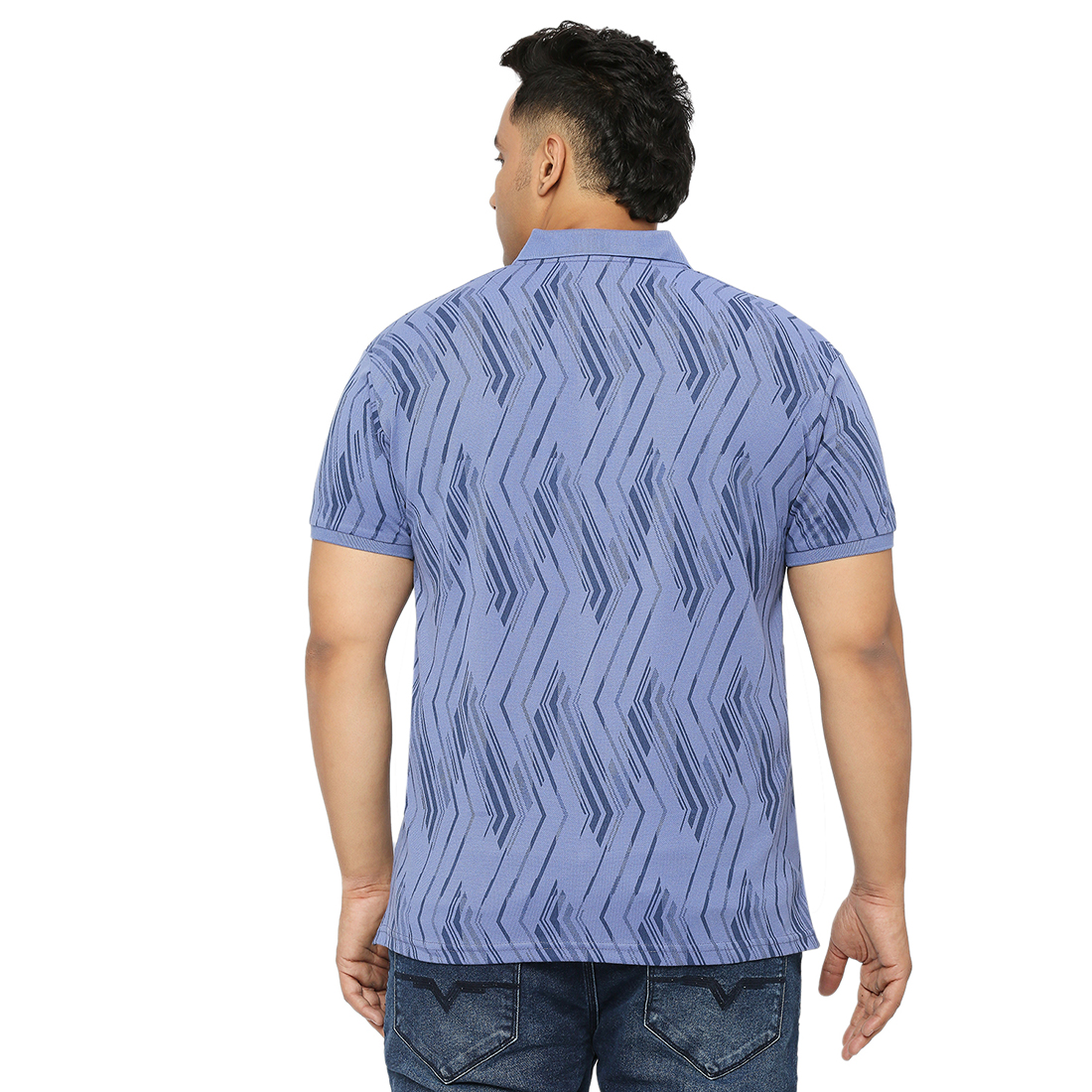 Plus Size Printed Men Polo Neck Teal T-shirt