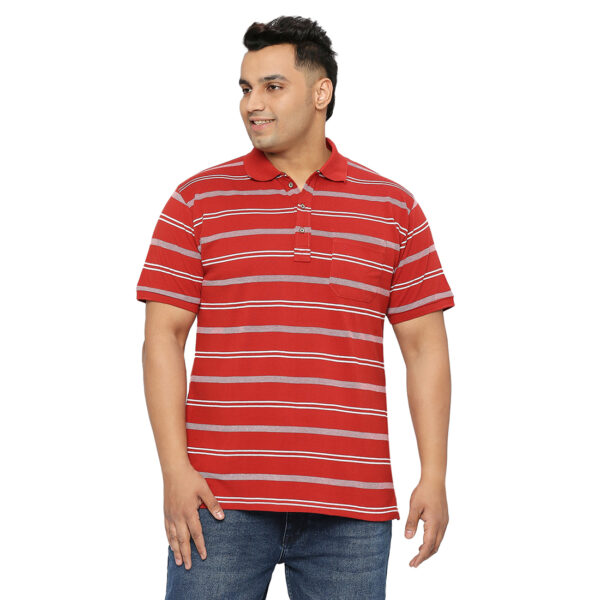 Plus Size Striped Men Polo Neck Rust T-Shirt