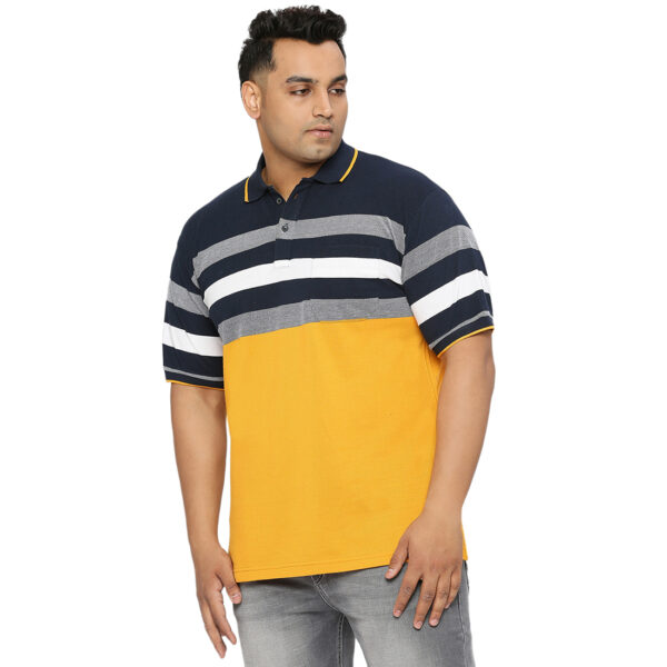 Plus Size Striped Men Polo Neck Mustard T-Shirt
